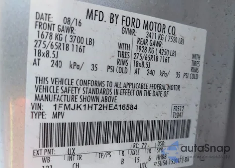 2017 Ford Expedition El Xlt из США, поврежденный, VIN 1FMJK1HT2HEA16584